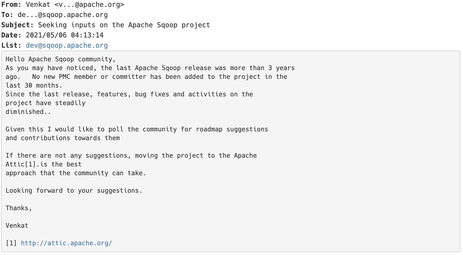 Apache 董事会宣布终止 Apache Sqoop 项目